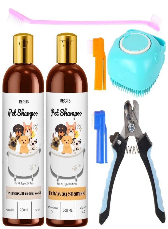 REGIIS Pet Shampoo Set with Grooming Tools, 2x200ml All-in-One Dog Wash and Itch Away Formula, Includes Brushes and Nail Clippers(Pack of 5) - Image 1